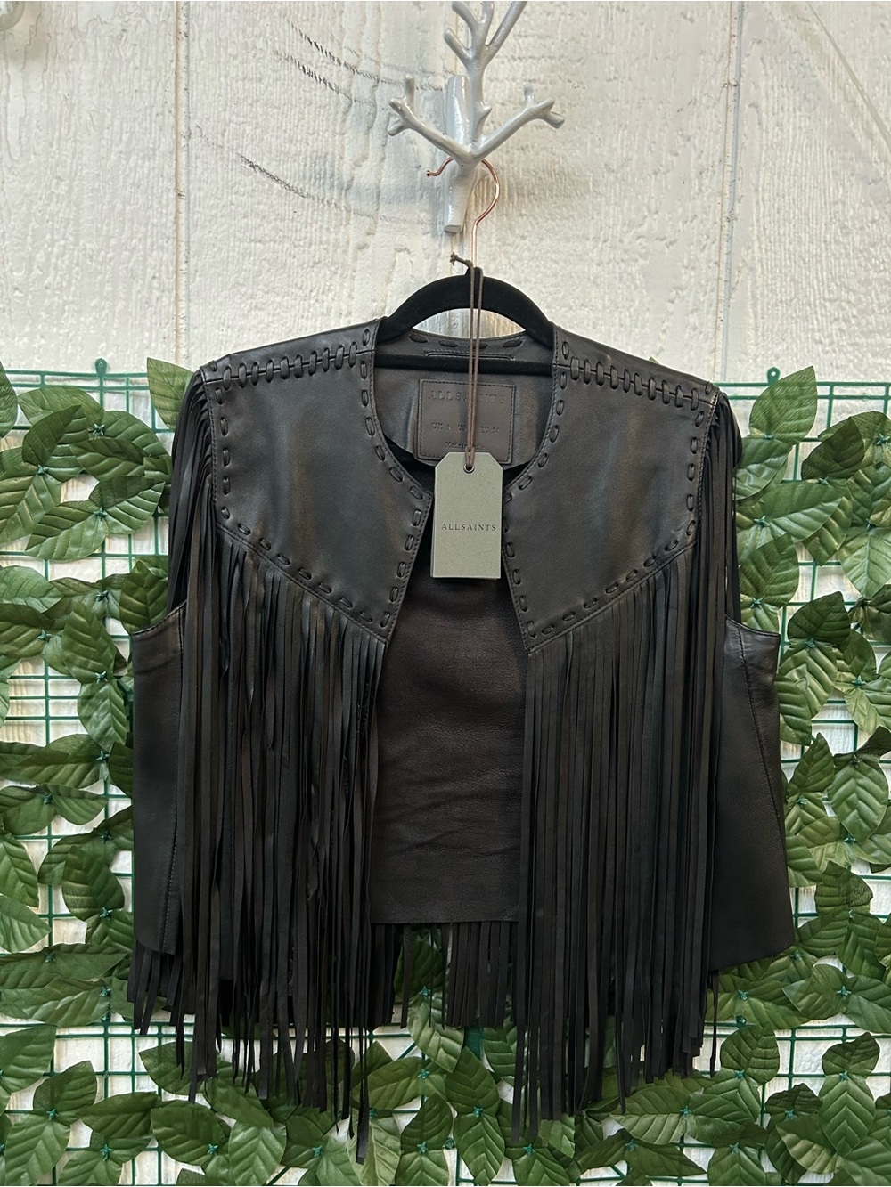 AllSaints Black Leather Fringe Vest